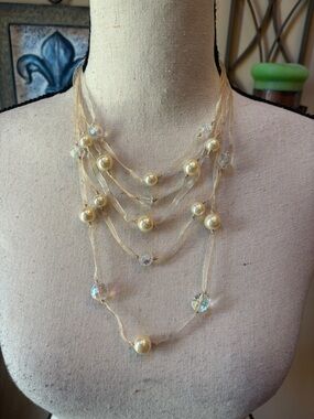 Multi-Strand Pearl and Crystal Necklace - Ivory